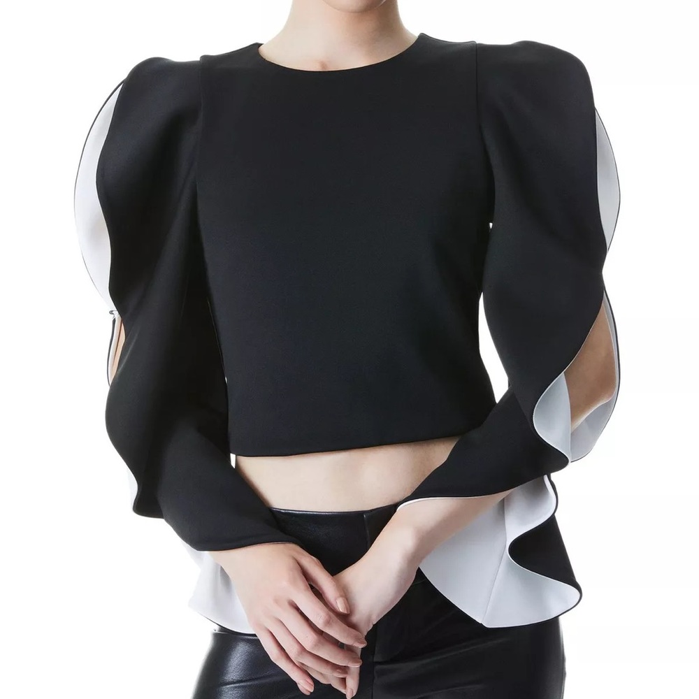 Alice + Olivia NWT Ollie Colorblock Ruffle Long Sleeve Crop Top Black & White